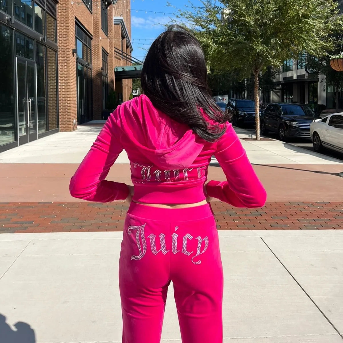 Ladies Casual Sportswear Set Pure Color Letter Rhinestone Long Sleeve Hoodie Loose Pants Two Piece Set Street Style Polyester