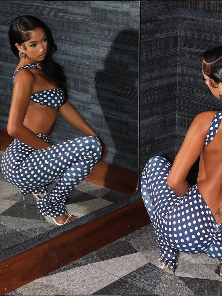 Nibber Hottie Women Dot Print 2 Piece Set Tracksuit Sexy Backless Halter Tank Tops+Leggings Matching Streetwear Stretch Outfits