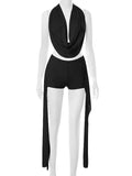 Weird Puss Elegant Women 2 Piece Set Halter Swing Collar Backless Sexy Tank Tops+Side Tassel Shorts Matching Clubwear Outfits