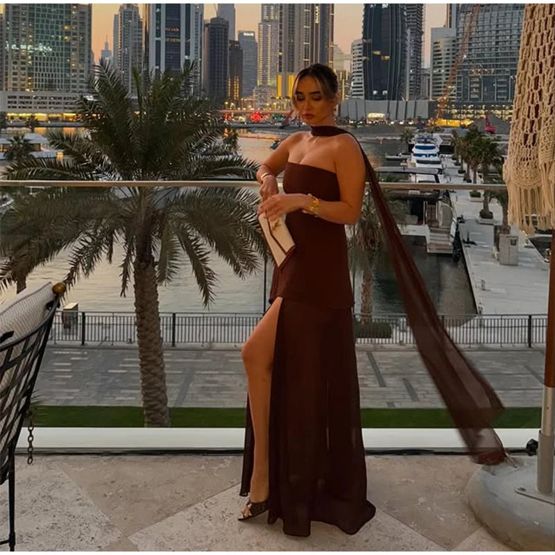 Elegant Women's Strapless Ribbon Long Dress Mesh Maxi Dresses Summer Evening Party Wedding Guest White Yellow Burgundy Brown New