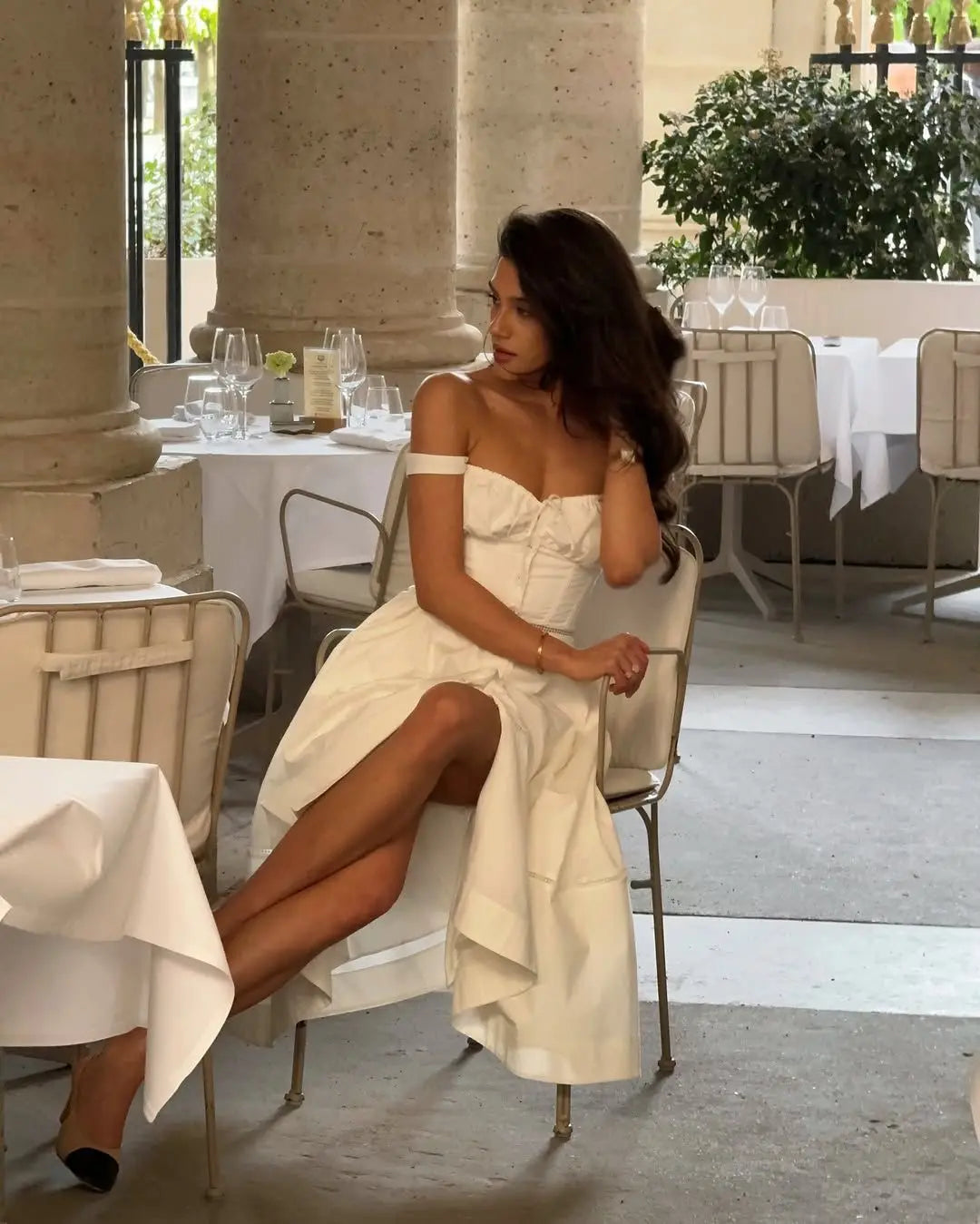 YENKYE Sexy Lace Up Bandage Back Elegant White Sling Dress Women Front Button A-line Cotton Corset Style Summer Dress Midi Robe