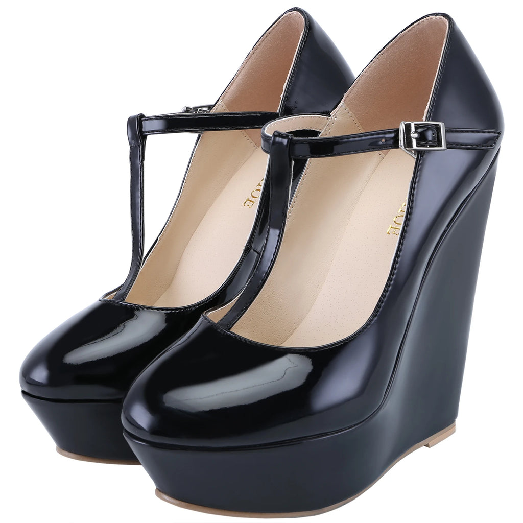 Women Platform Wedge Pumps Autumn Winter 14cm Super Round Toes High Heels T-Strap Gladiator Ladies Dress Party Wedding Shoes