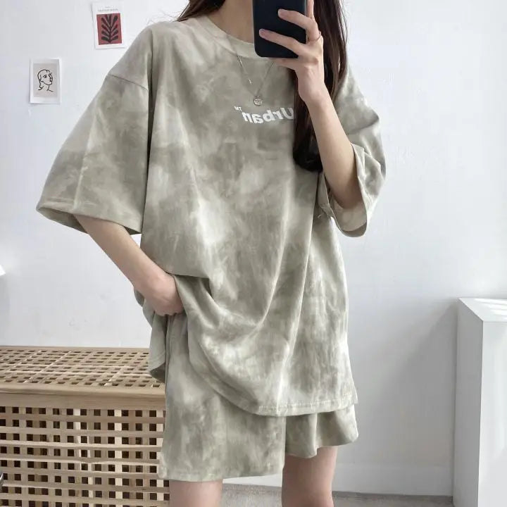 Women T-Shirt Shorts Suit Set Casual Tie Dye Loose tshirt and wide leg middle shorts with pockets female Soft Summer Shorts Sets
