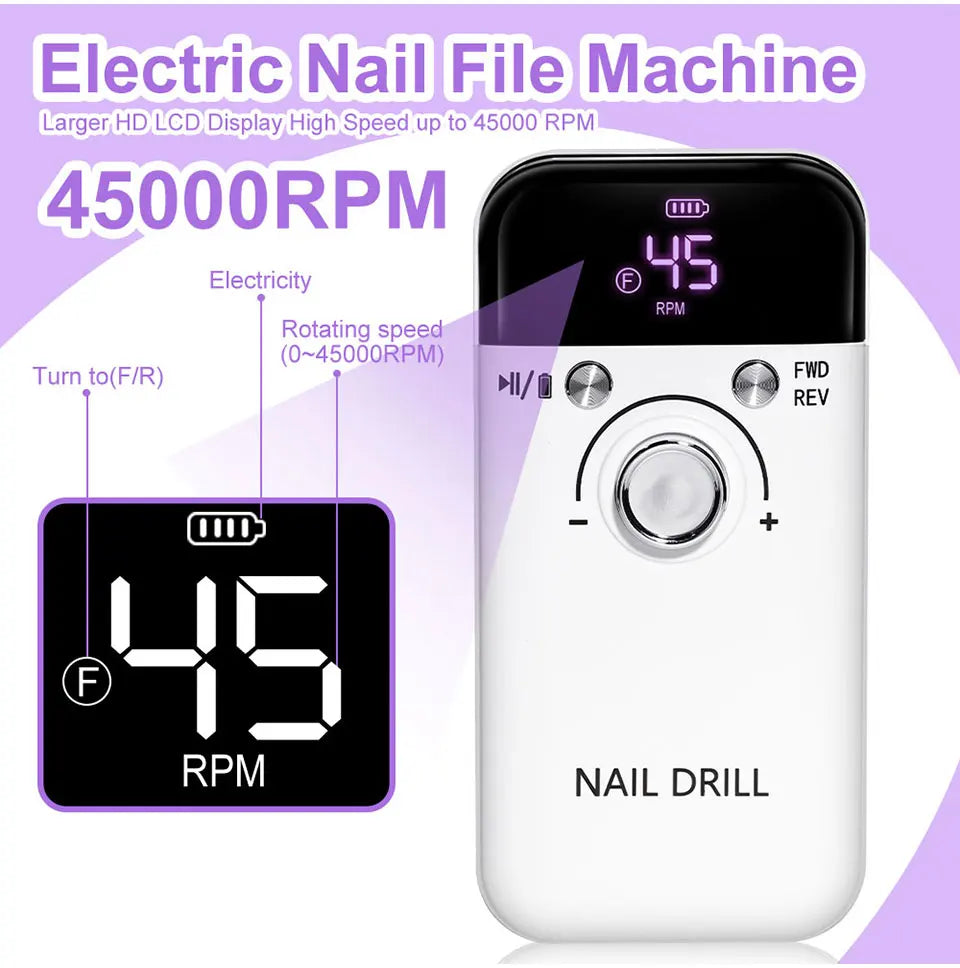 Nail Drill 45000 RPM Rechargeable Nails Electric File for Acrylic Gel Removing & Polishing Gel for Home/Salon Manicure Pedicure