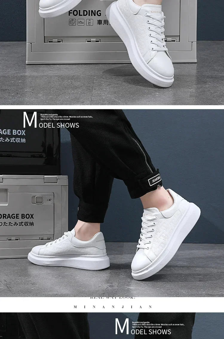 2025 New Men's Shoes Spring and Autumn Flat-soled Casual Leather Shoes Sports Shoes Black and White Men's Thick-soled Breathable