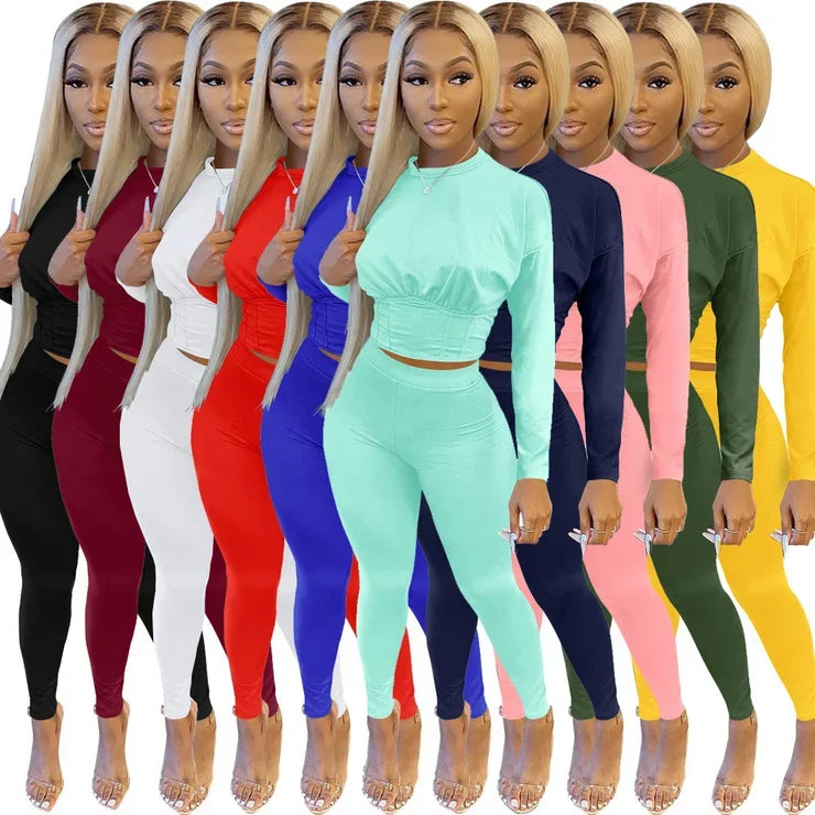 2023 Autumn New Women's Pure Color Sports Waist Suit Fashion Casual Two-piece Set
