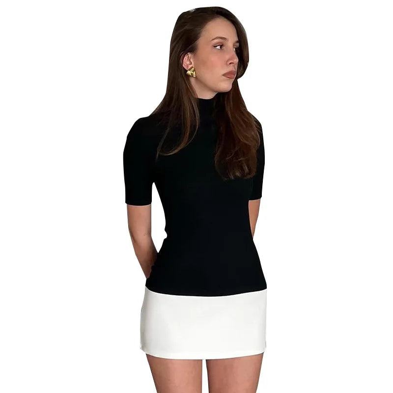 Contrast Color Bodycon Dress For Women Summer Clothing Turtleneck Vestidos Elegantes Para Mujer Half Sleeves Mini Streetwear Y2k