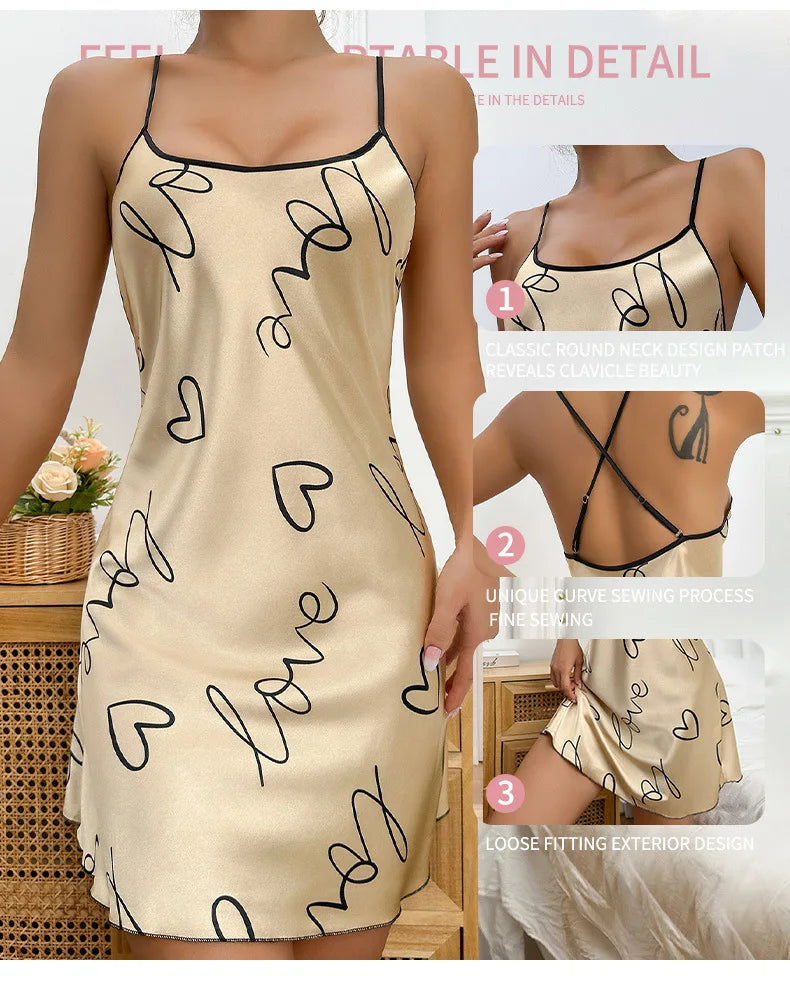 Heart Print Nightdress Elegant Scoop Neck Criss Cross Back Sleep Dress Women's Sleepwear