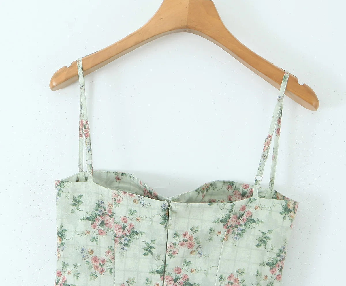 YENKYE Green Floral Print Sexy Spaghetti Straps Dress Women Low Waist A-line Midi Holiday Summer Dresses Party Robe 2025 Vestido