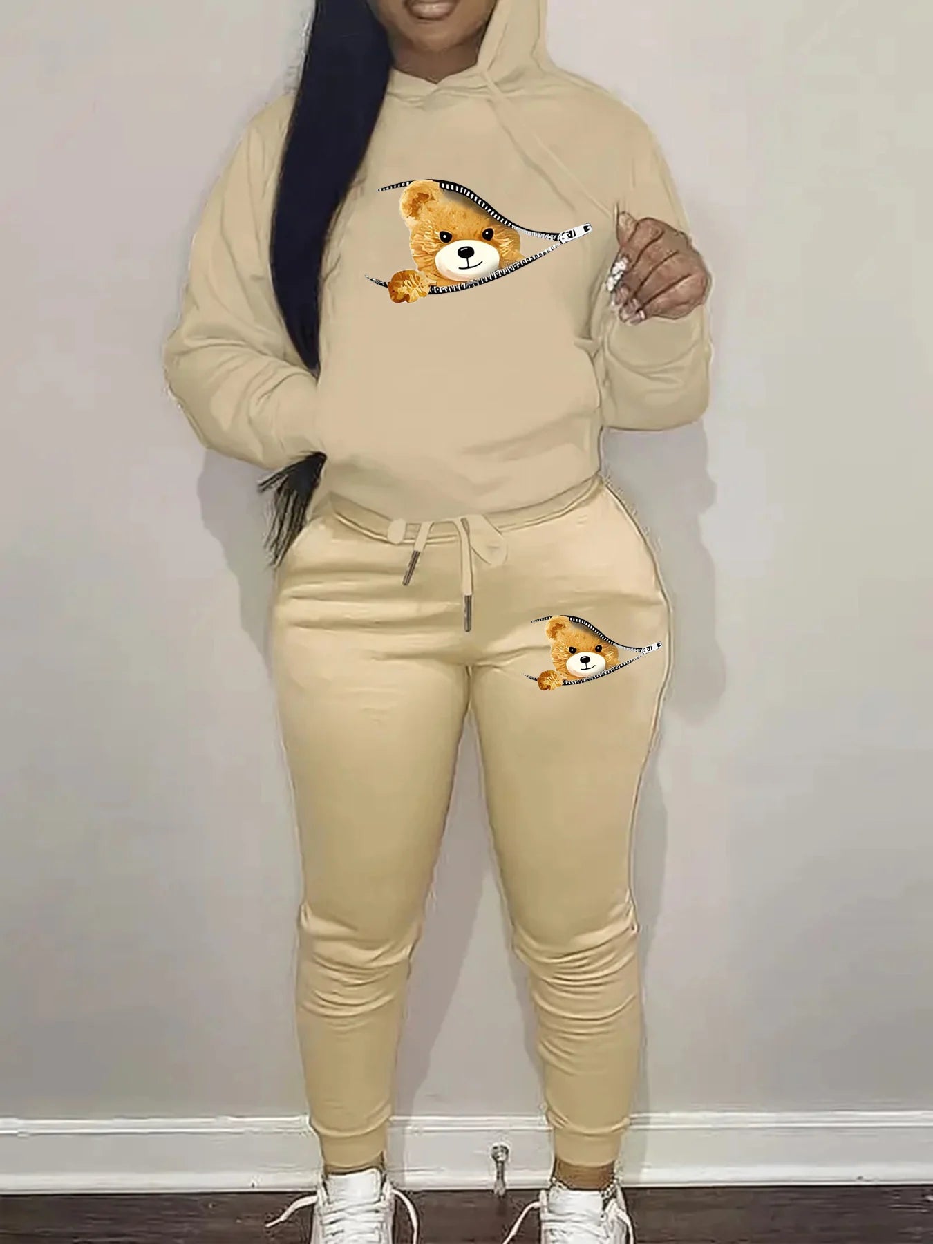 Women's autumn and winter fashion casual hip-hop street cartoon bear zipper print warm hooded sweatshirt+sports pants set