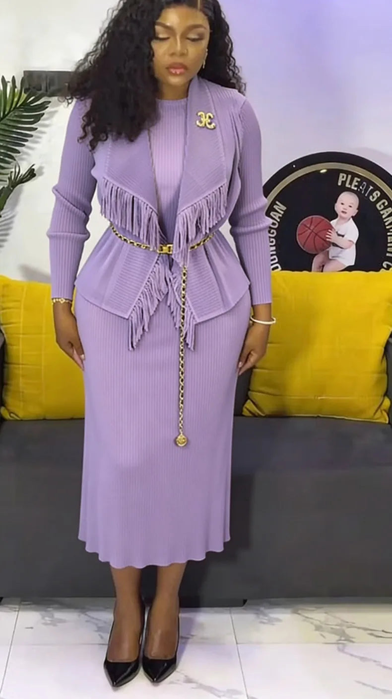 EGRM Fashion Solid Color Pleated Two-piece Set Women's Tassel Lapel Jacket and Casual Round Neck Vest Dresses 2026 New 9R5101