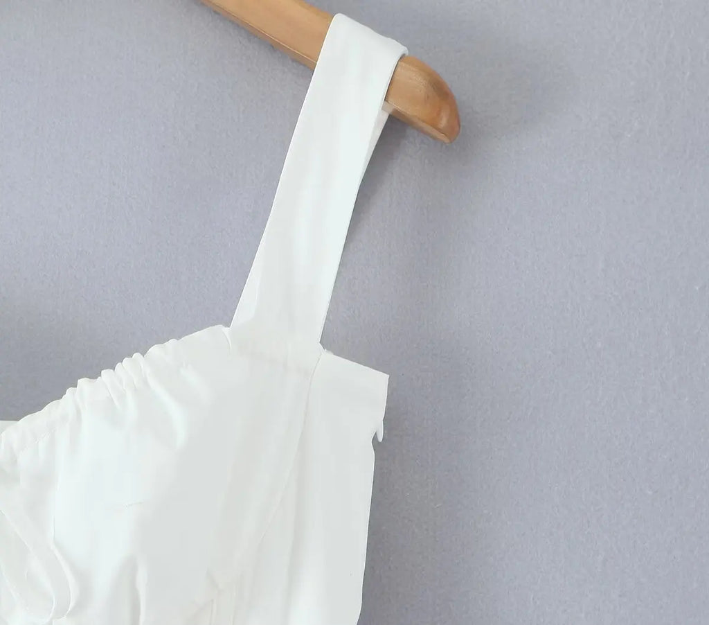 YENKYE Sexy Lace Up Bandage Back Elegant White Sling Dress Women Front Button A-line Cotton Corset Style Summer Dress Midi Robe