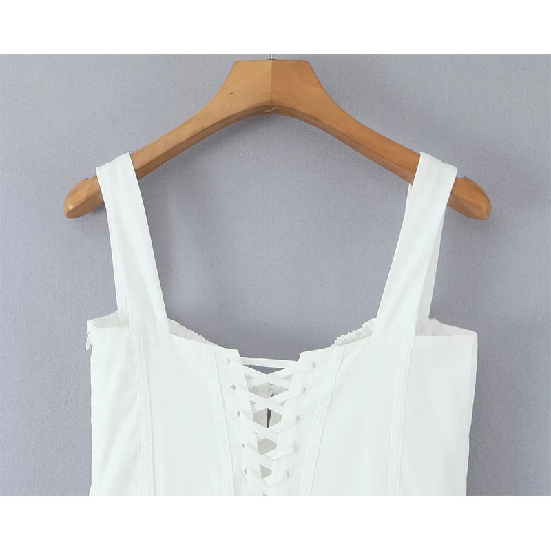 YENKYE Sexy Lace Up Bandage Back Elegant White Sling Dress Women Front Button A-line Cotton Corset Style Summer Dress Midi Robe