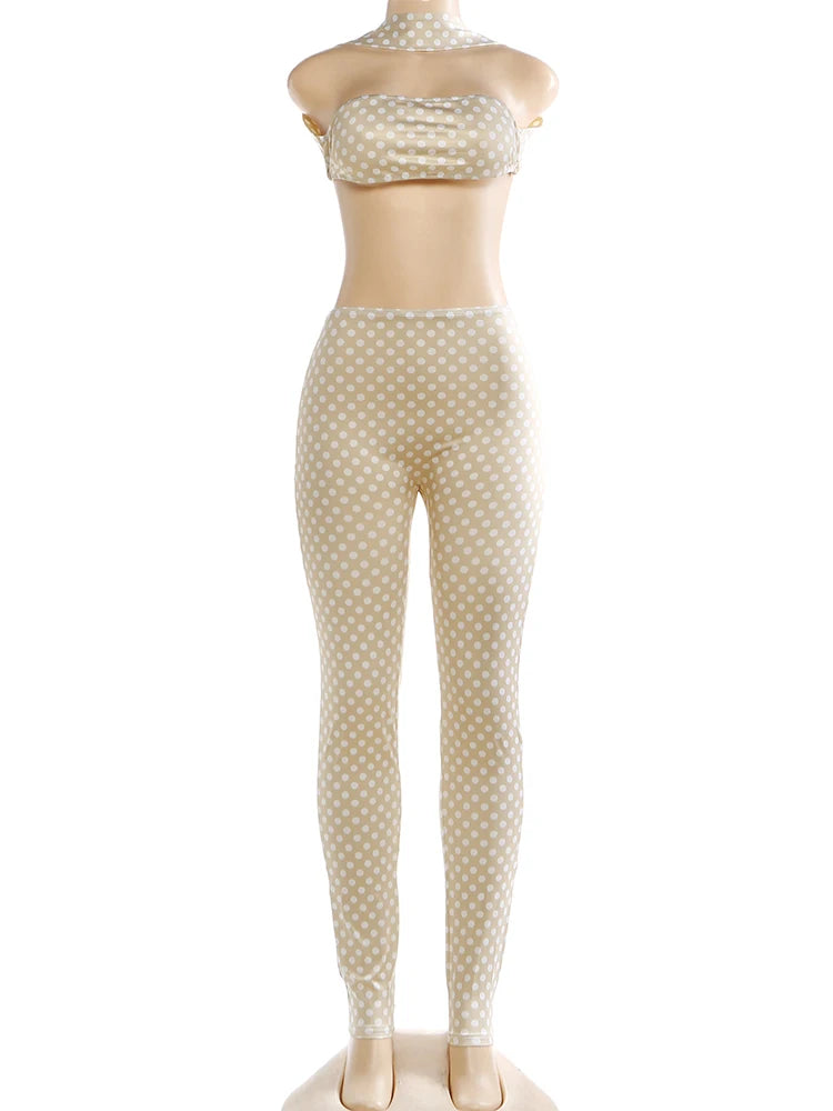Nibber Hottie Women Dot Print 2 Piece Set Tracksuit Sexy Backless Halter Tank Tops+Leggings Matching Streetwear Stretch Outfits