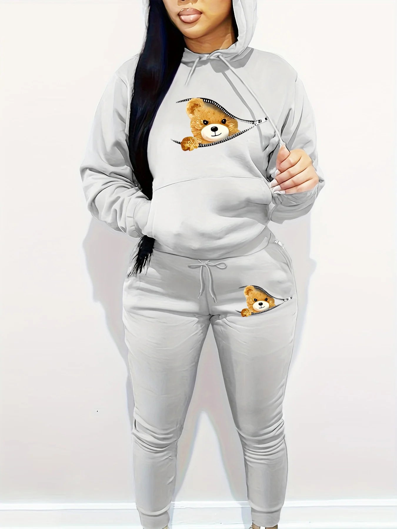 Women's autumn and winter fashion casual hip-hop street cartoon bear zipper print warm hooded sweatshirt+sports pants set