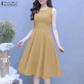ZANZEA Vintage A-line Party Robe Women Sleeveless Basic Dress 2024 Summer Solid Tank Vestidos Elegant Collect Waist Midi Dresses