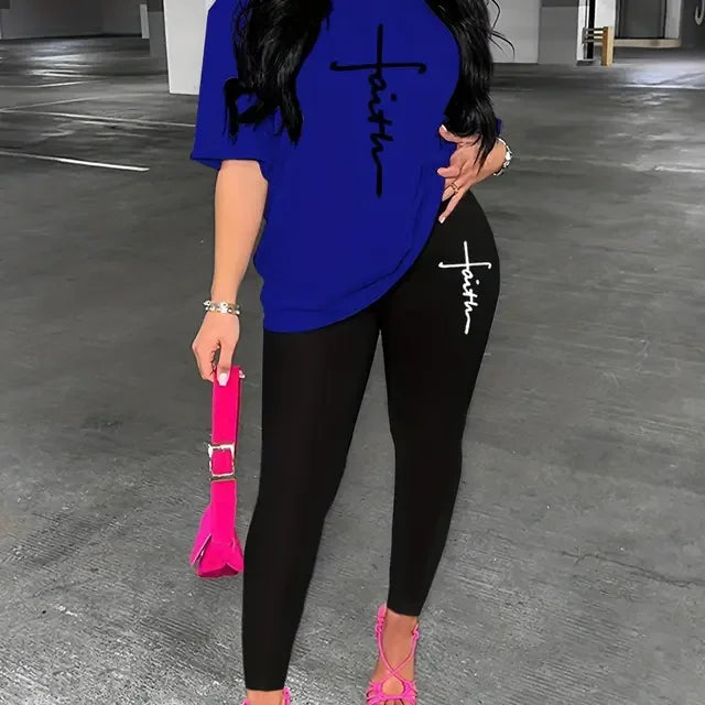 Women's summer fashion all-match Faith letter print loose large size T-shirt leggings two-piece set Short sleeves and long pants
