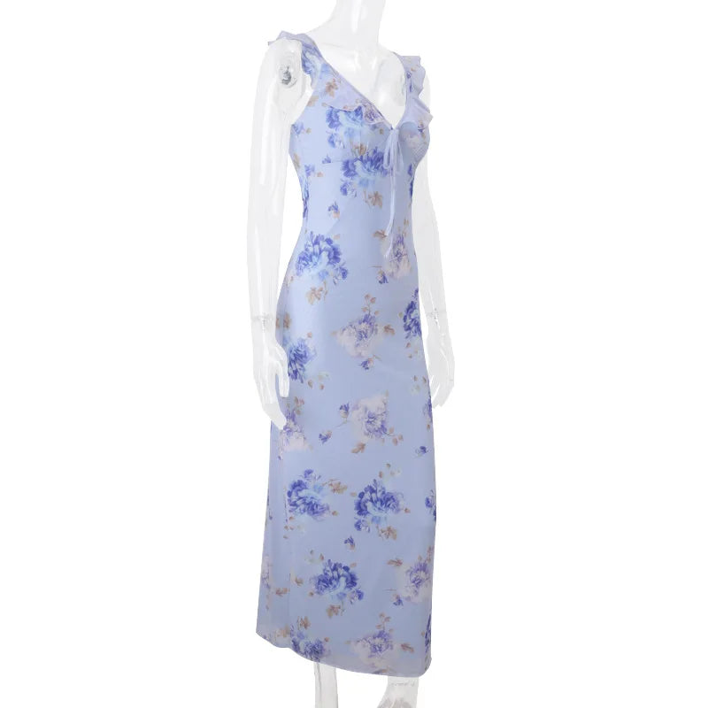 Cryptographic Summer Floral Print Plunge Maxi Dress Outfits Sexy Backless Fairy Sun Dresses Vacation Beachwear Vestido Coquette