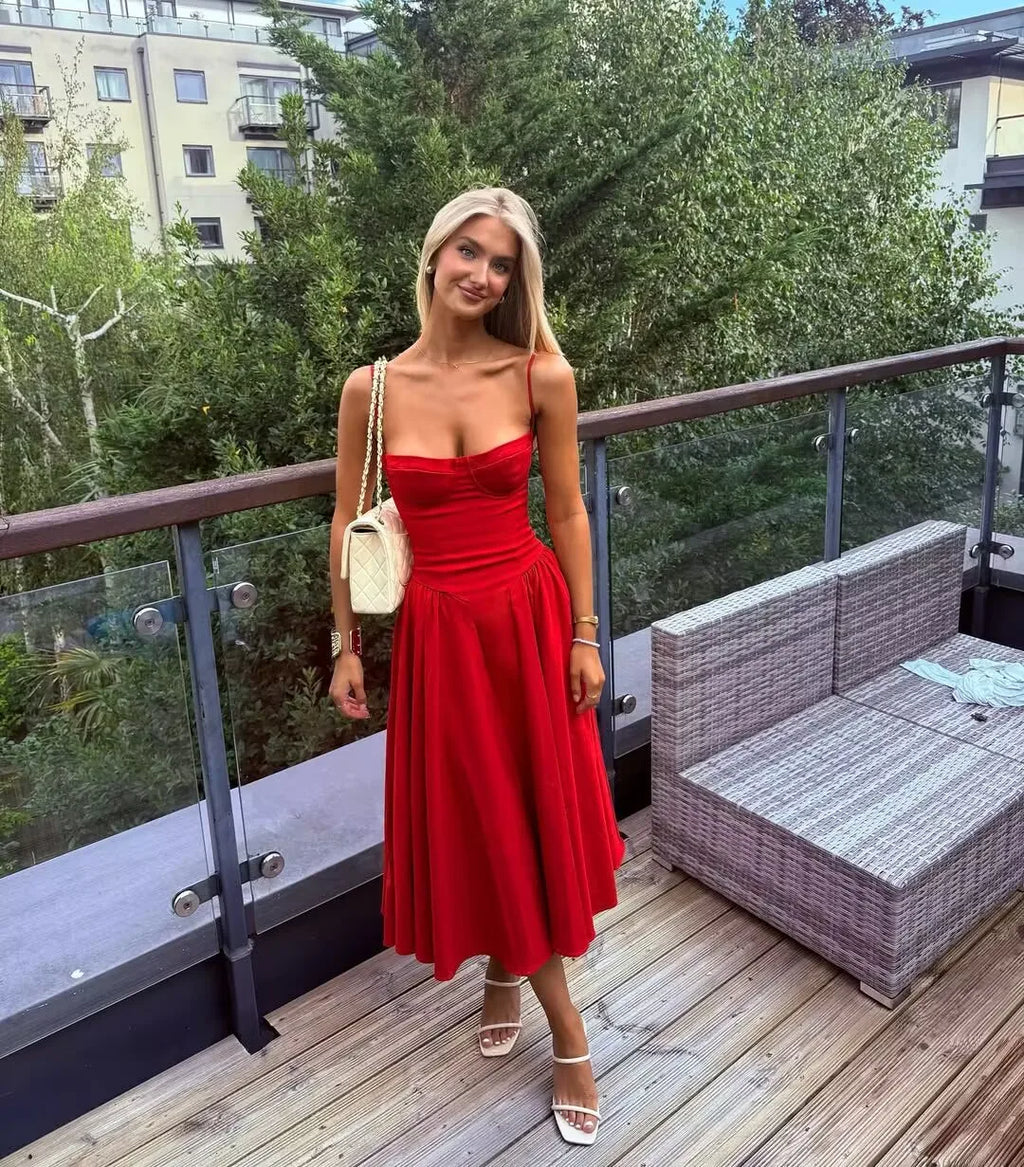 YENKYE Green Floral Print Sexy Spaghetti Straps Dress Women Low Waist A-line Midi Holiday Summer Dresses Party Robe 2025 Vestido