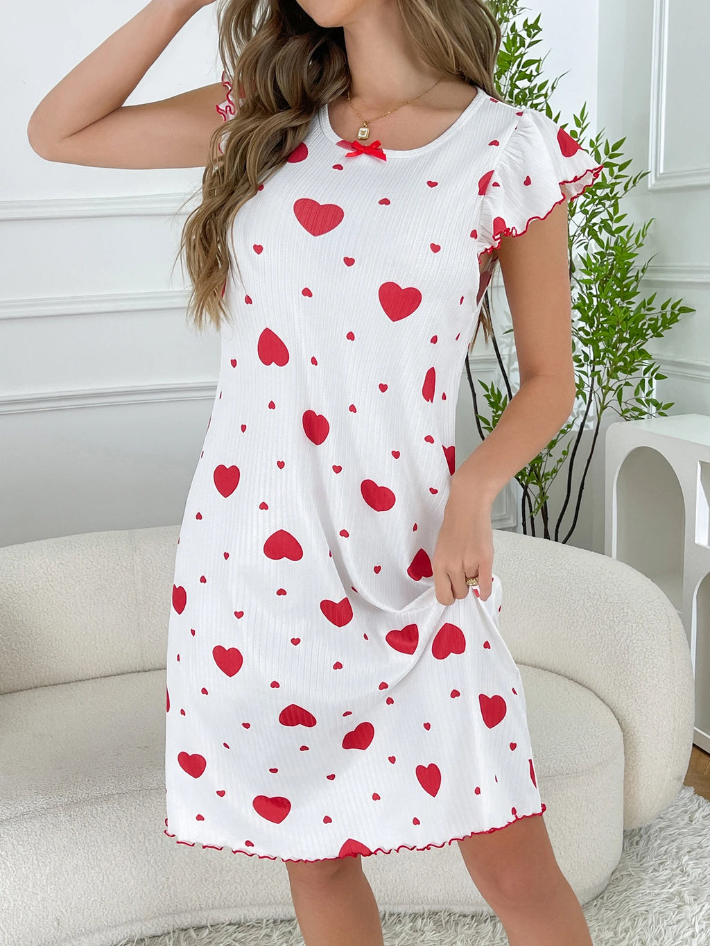 Women's Round-Neck All-Season Spring/Summer Dress Nightgown Casual Cute Heart Print Lazy Ins-Style Long Nightdress Summer Pajama