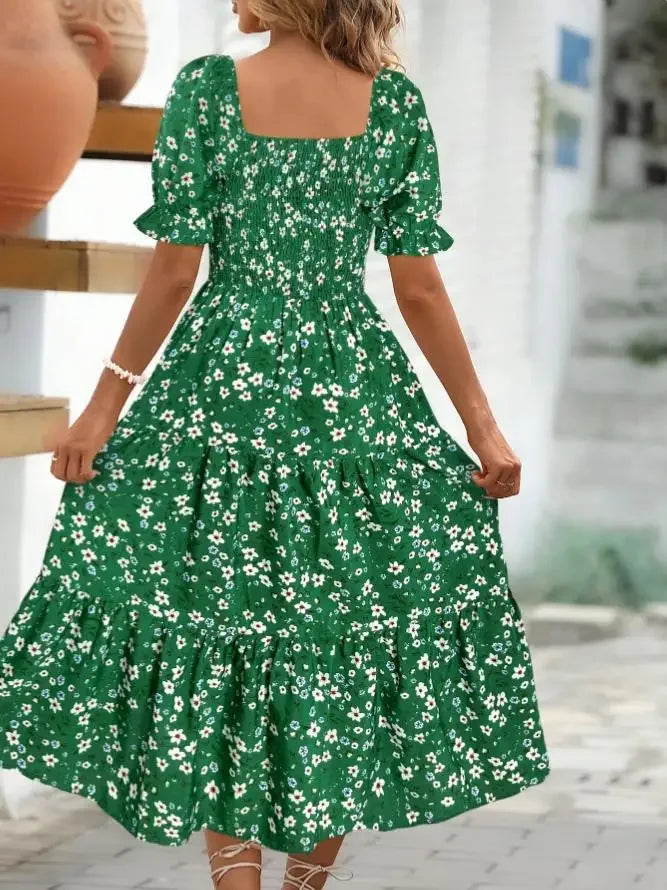 2025 New Women's Printed Dress Square Collar Bubble Sleeve Empire Waist Midi Dress Short Sleeve Cross-Border Independent Station