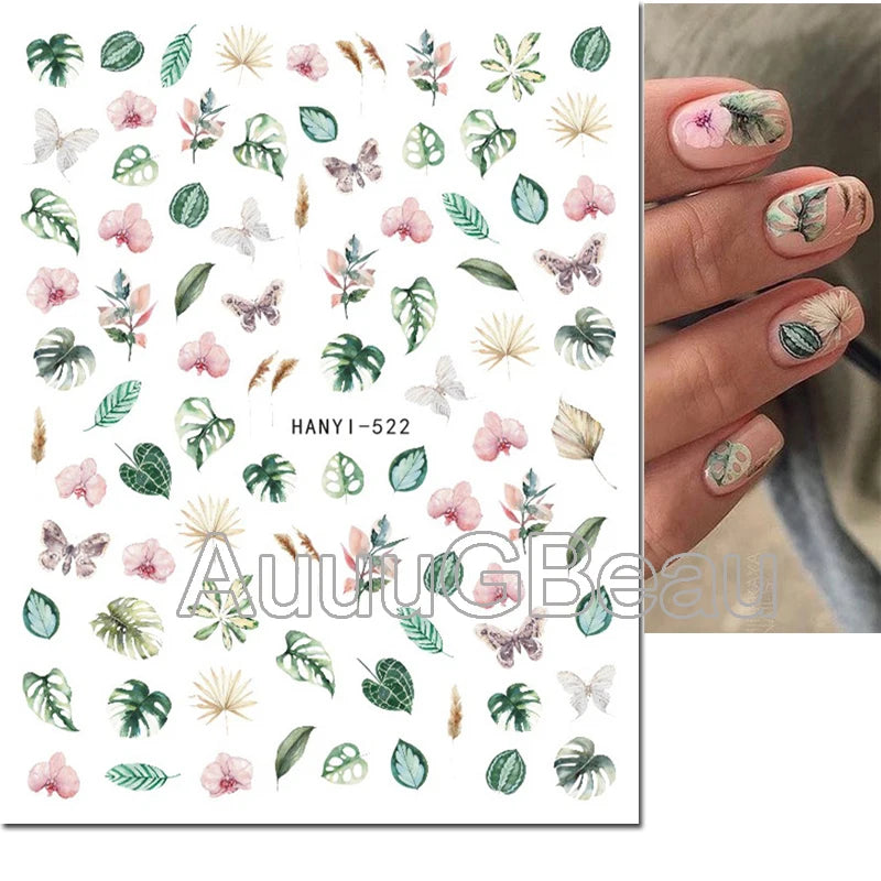 3d Nail Art Decals Geometric Lines Coconut Tree Palms Leaves Flowers Adhesive Sliders Nail Stickers Decorated Manicure