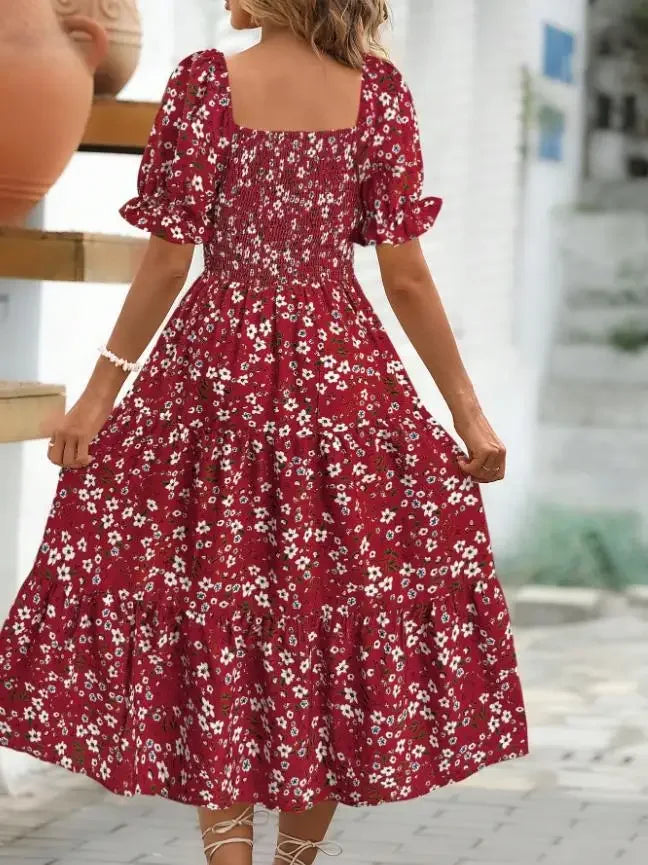 2025 New Women's Printed Dress Square Collar Bubble Sleeve Empire Waist Midi Dress Short Sleeve Cross-Border Independent Station
