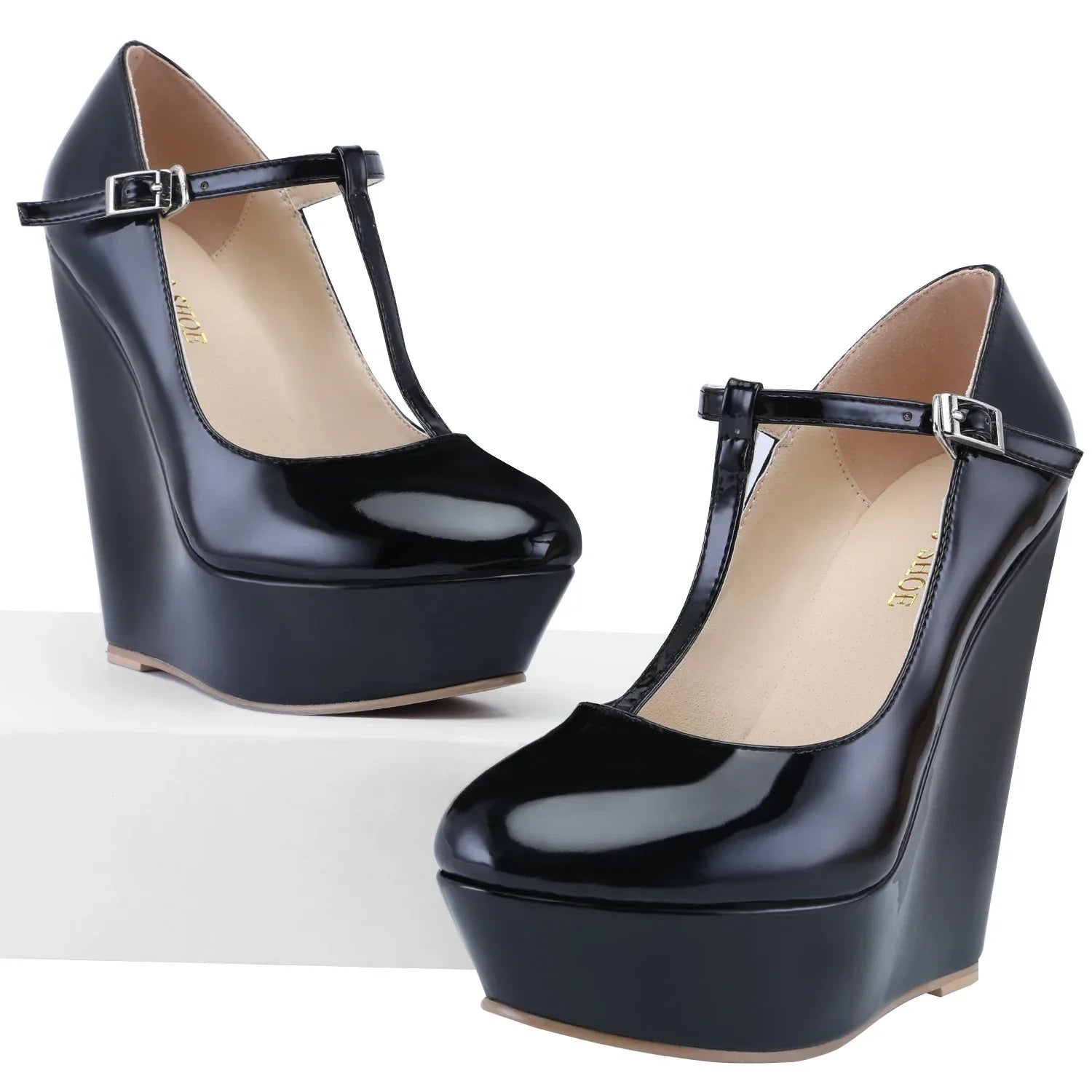 Women Platform Wedge Pumps Autumn Winter 14cm Super Round Toes High Heels T-Strap Gladiator Ladies Dress Party Wedding Shoes