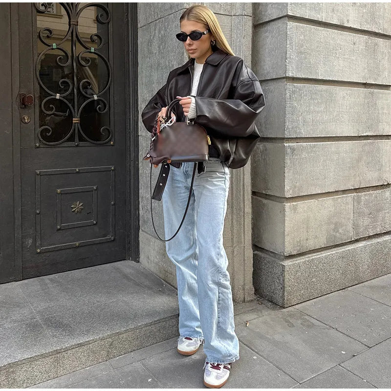 Chaqueta Bomber de Cuero PU Estilo Vintage